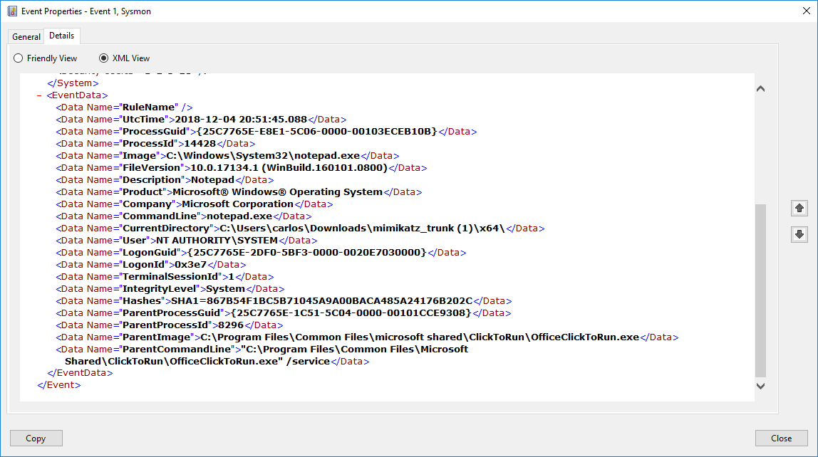 Sysmon Event ID 1 showing process creation details