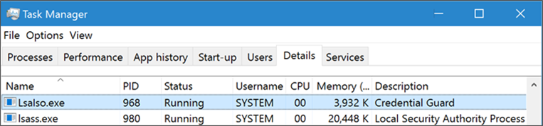Task Manager showing LsaIso.exe running alongside lsass.exe
